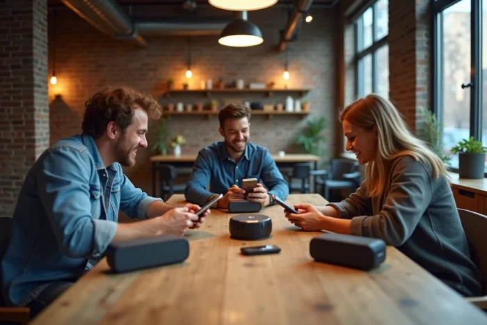 Groupe d'amis utilisant plusieurs enceintes Bluetooth connectées simultanément via une application dans un appartement au style industriel lors d'une réunion décontractée