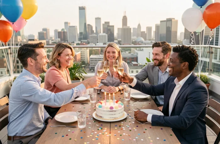 Groupe d'amis portant un toast sur une terrasse rooftop pour célébrer un anniversaire de célébrité