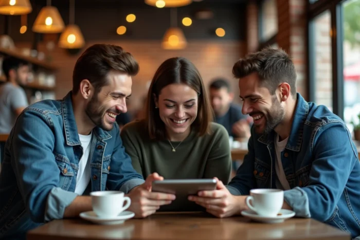Groupe de personnes discutant des dernières actualités Open Syd autour d'une tablette dans un café urbain
