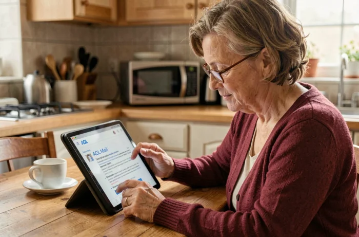 Femme senior consultant un guide AOL Mail en français sur une tablette dans une cuisine