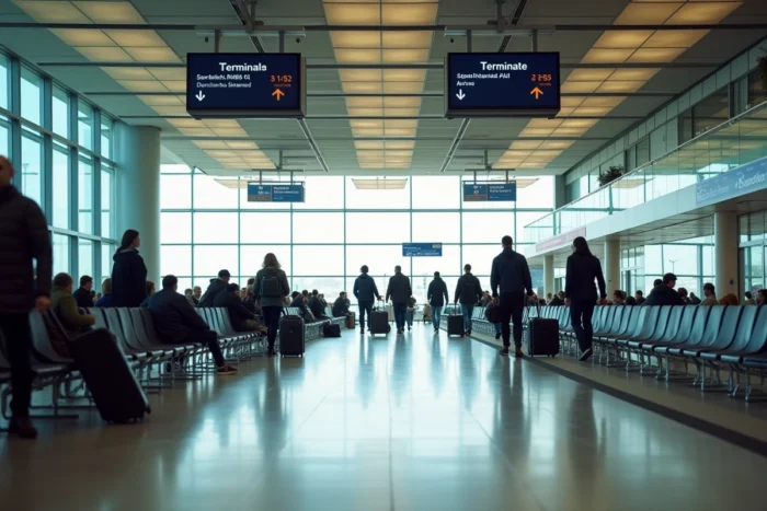 Vue panoramique du hall de départ de l'aéroport d'Orly avec signalétique de terminal et voyageurs TUI fly