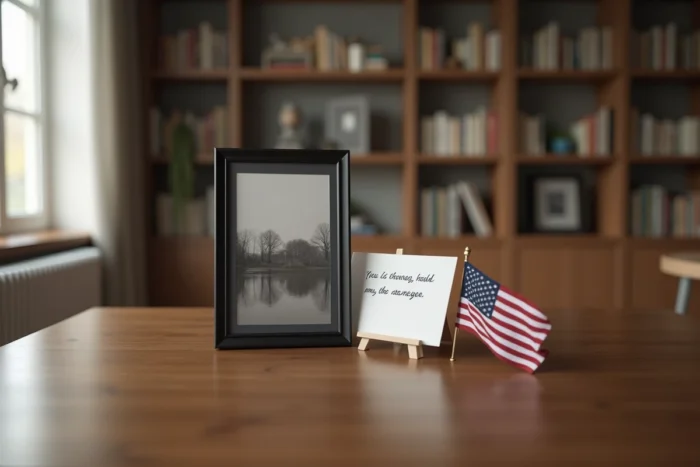 Hommage mémorial encadré avec drapeau américain posé sur une table en bois en souvenir d'un disparu