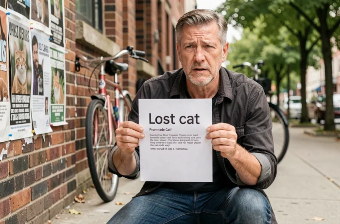 Homme affichant une annonce de chat perdu dans une rue de quartier urbain
