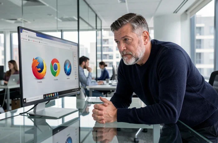 Homme d'affaires analysant les options de navigateurs internet sur un grand écran dans un bureau moderne