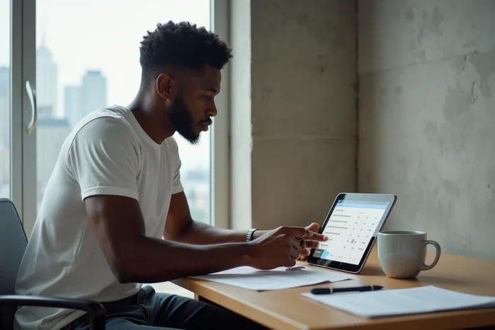 Jeune homme comparant des offres de crédit immobilier sur une tablette dans son appartement