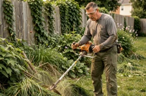 Homme utilisant une débroussailleuse thermique pour couper des herbes hautes et des tiges ligneuses dans un jardin envahi par la végétation