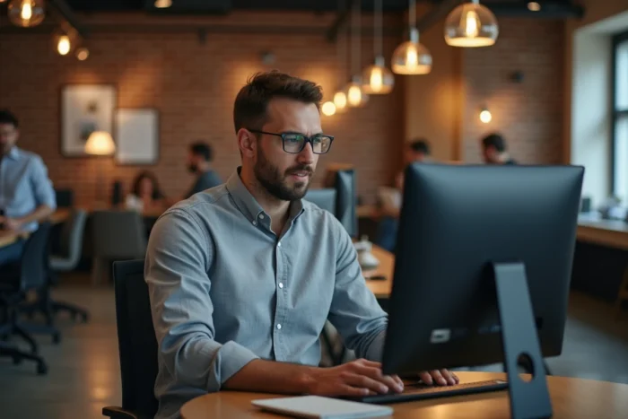 Homme consultant son profil professionnel sur une plateforme d'emploi dans un espace de coworking moderne