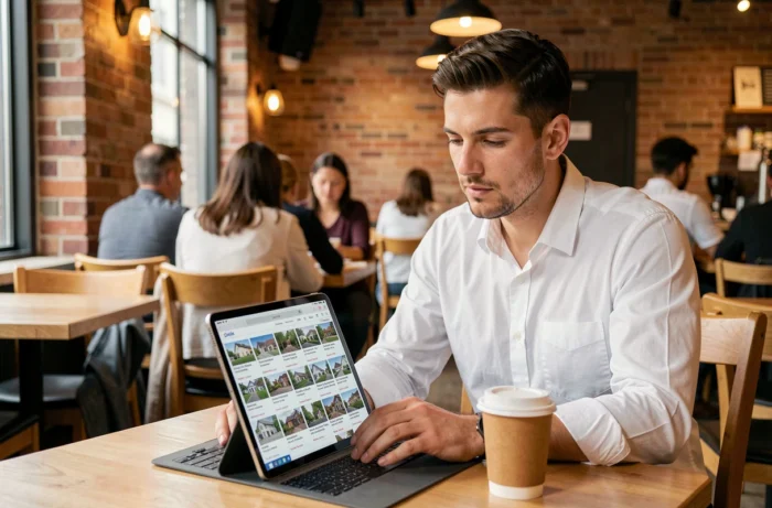 Jeune homme recherchant un bien immobilier sur une tablette dans un café urbain moderne