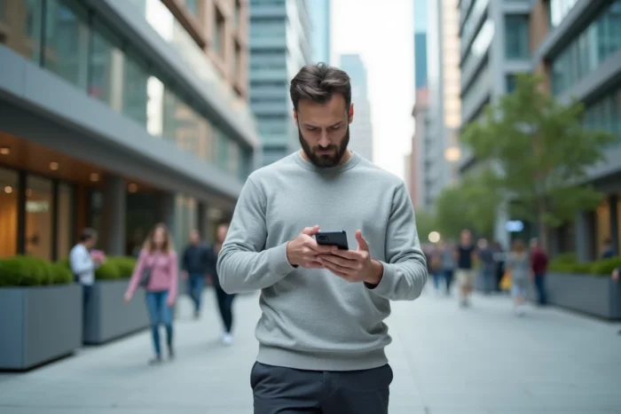 Homme consultant les actualités Open Syd sur smartphone en extérieur dans un environnement urbain moderne
