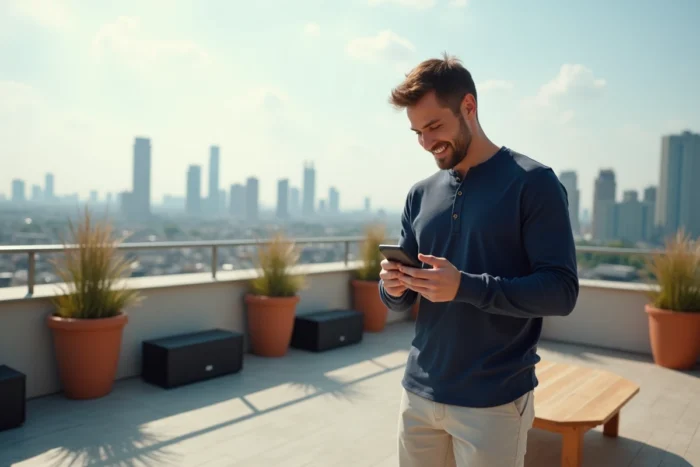 Homme synchronisant plusieurs enceintes Bluetooth sur une terrasse urbaine en toiture avec une application mobile de diffusion audio multipoint
