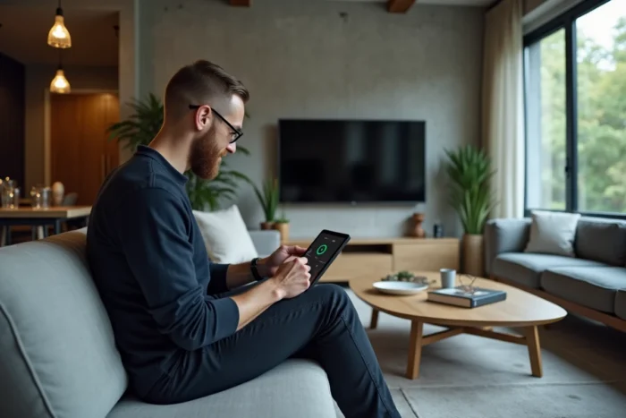 Homme consultant une interface domotique sur tablette dans un salon connecté contemporain