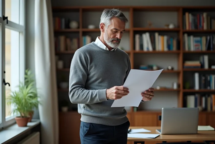 Homme en télétravail réfléchissant à sa carrière dans un bureau à domicile bien organisé, symbolisant les clés du succès dans la vie professionnelle