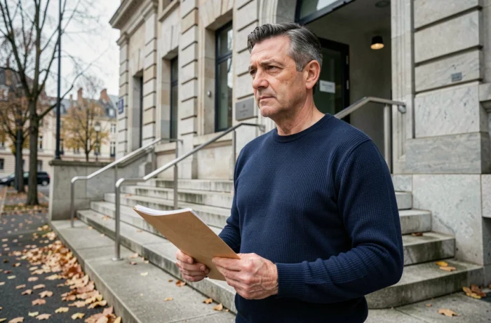 Homme devant un tribunal administratif tenant des documents juridiques lors d'une procédure de faillite personnelle