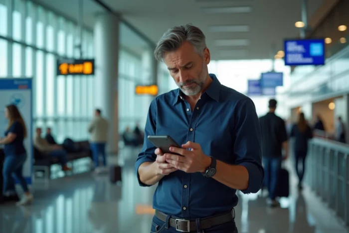 Homme vérifiant une ancienne réservation d'hôtel sur son smartphone dans un terminal d'aéroport