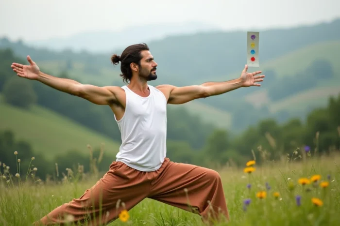 Homme pratiquant le yoga en plein air tenant une carte illustrée des couleurs et symboles des chakras