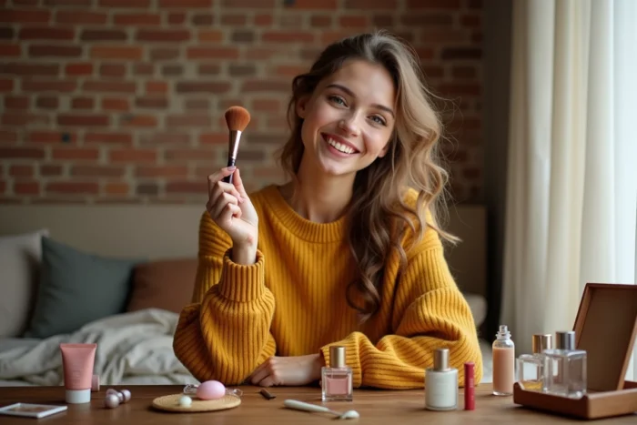 Jeune femme souriante à sa coiffeuse vintage entourée d'indispensables beauté comme un jade roller, un baume à lèvres et des flacons de parfum en verre