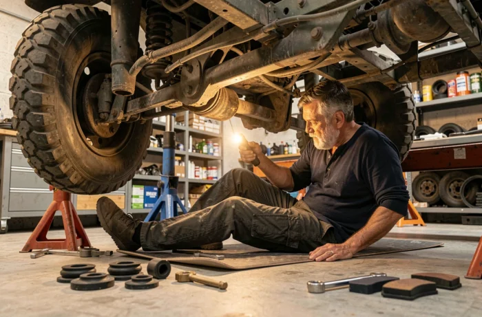 Homme inspectant le châssis et les freins sous une Peugeot P4 surélevée dans un garage privé