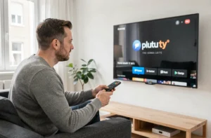 Homme installant Pluto TV sur une Smart TV Samsung depuis son canapé avec la télécommande