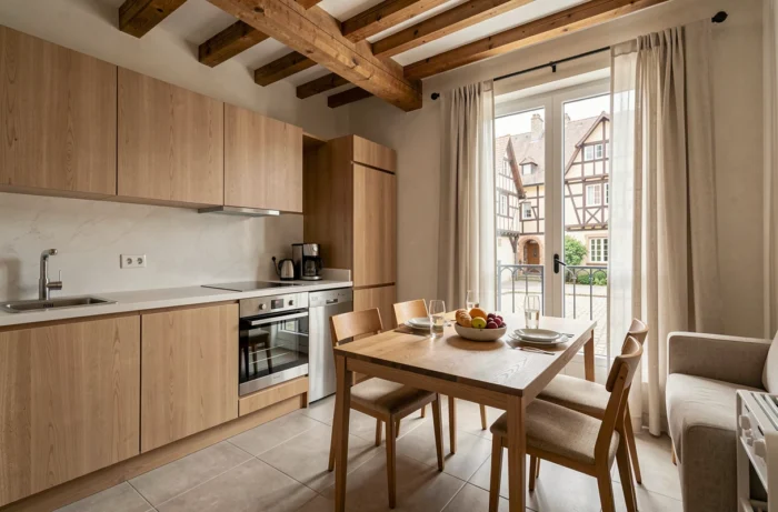 Intérieur moderne et cosy d'un appart'hôtel au centre d'Amboise avec cuisine équipée et vue sur la rue historique