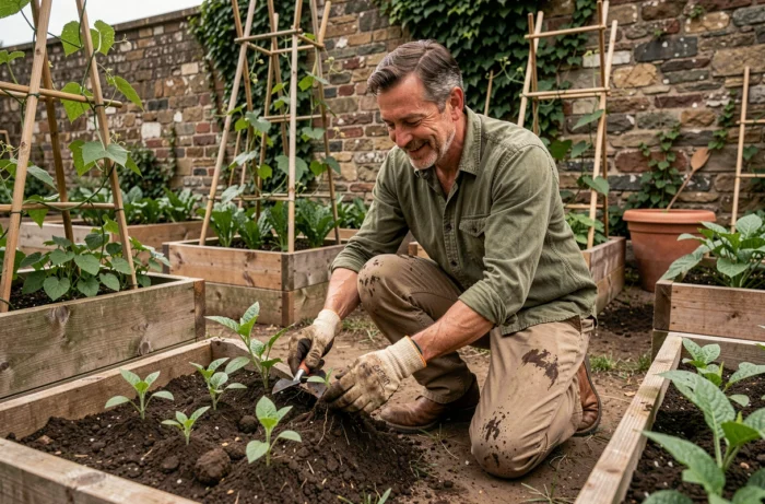 Homme d'âge mûr en train de jardiner dans un potager luxuriant avec des bacs en bois, des tuteurs et une vieille pierre couverte de lierre, symbolisant bien-être et retour à la nature