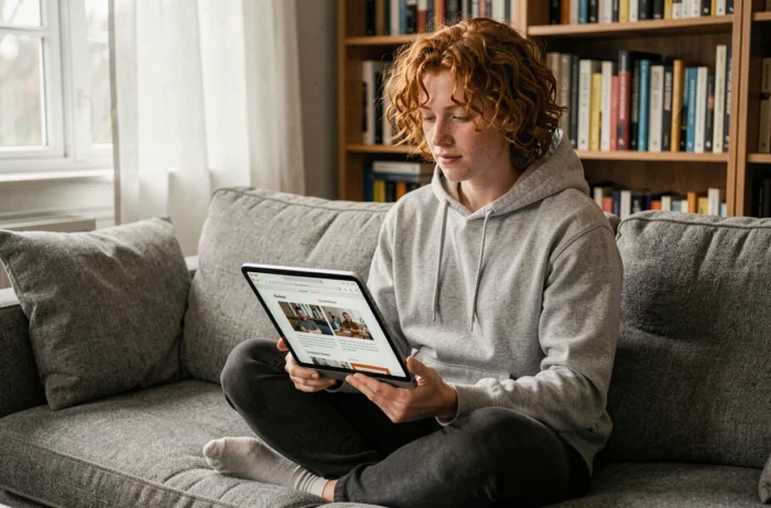 Jeune adulte lisant un article comparatif sur les navigateurs internet sur une tablette dans un salon confortable