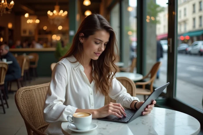 Jeune femme consultant ses anciennes réservations de voyage sur une tablette dans un café parisien