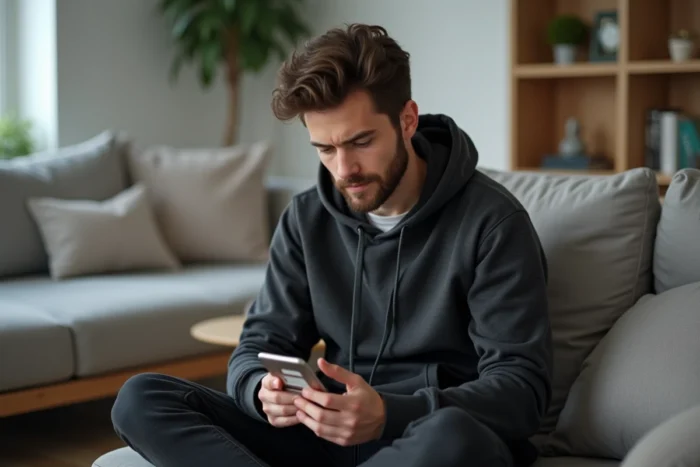 Jeune homme consultant le portail Arena Montpellier sur smartphone pour résoudre un problème de connexion depuis chez lui