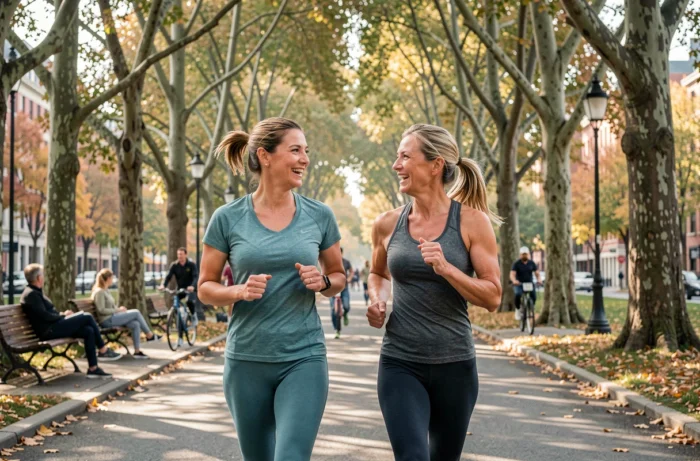 Deux femmes faisant du jogging ensemble dans un parc urbain arboré dans le cadre d'un mode de vie sain