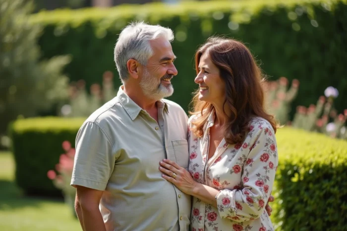Couple élégant posant ensemble dans un jardin fleuri, illustrant la vie familiale d'un journaliste connu