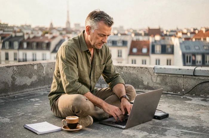 Journaliste freelance montant une vidéo sur un rooftop urbain pour une chaîne télé engagée et indépendante