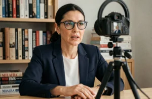 Journaliste indépendante enregistrant un reportage vidéo dans un studio maison minimaliste pour une plateforme d'information alternative