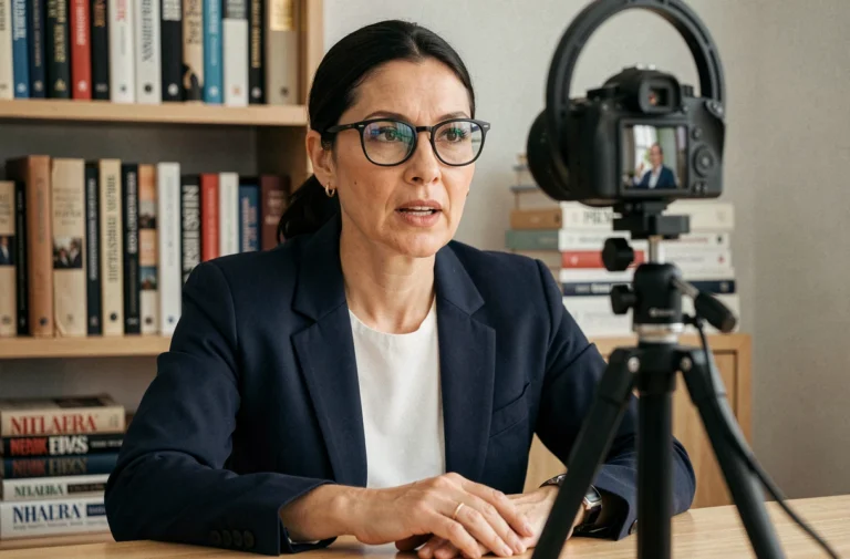 Journaliste indépendante enregistrant un reportage vidéo dans un studio maison minimaliste pour une plateforme d'information alternative