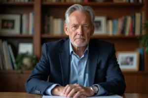 Portrait d'un journaliste chevronné aux cheveux gris dans son bureau à domicile, entouré de photos de famille et de livres
