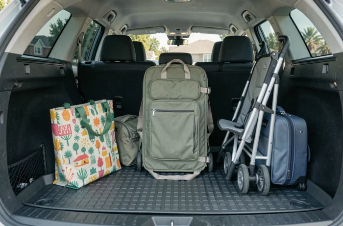 Lit parapluie bébé léger et compact rangé dans le coffre d'une voiture avec des bagages de voyage