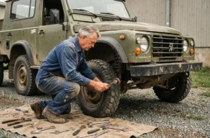 Mécanicien inspectant la suspension d'une Peugeot P4 militaire réformée dans une cour de garage