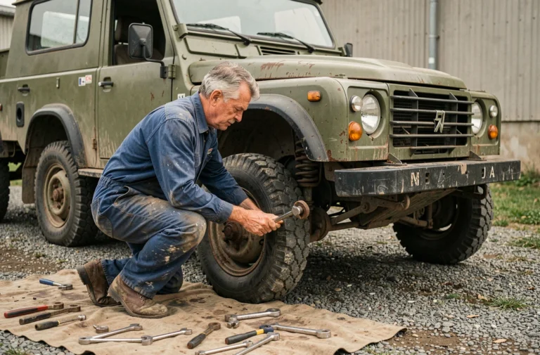 Mécanicien inspectant la suspension d'une Peugeot P4 militaire réformée dans une cour de garage