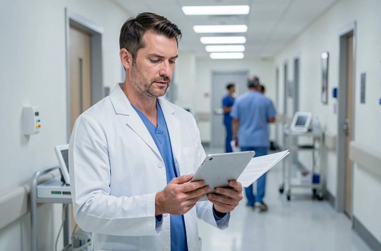 Médecin spécialiste en blouse blanche dans un couloir d'hôpital français, représentant les professions médicales parmi les mieux payées en France