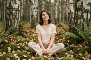 Femme en méditation dans une forêt de hêtres, assise sur un sol moussu entourée de fougères et de feuilles d'automne, évoquant bien-être et connexion à la nature