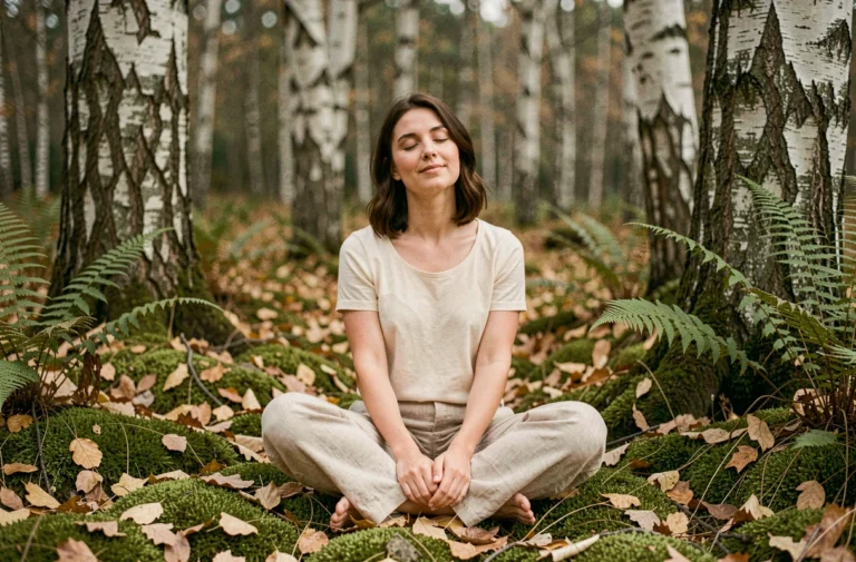 Femme en méditation dans une forêt de hêtres, assise sur un sol moussu entourée de fougères et de feuilles d'automne, évoquant bien-être et connexion à la nature