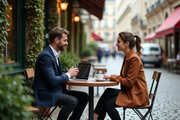 Deux professionnels discutant de conseils pour lancer un premier business en session de mentorat dans un café parisien en terrasse