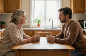Mère et fils adulte en conversation difficile autour d'une table de cuisine en bois lors d'un conflit familial
