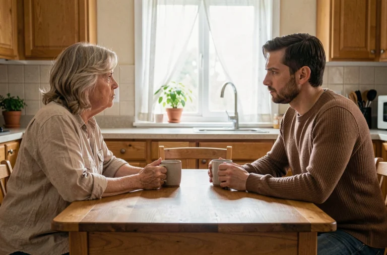 Mère et fils adulte en conversation difficile autour d'une table de cuisine en bois lors d'un conflit familial