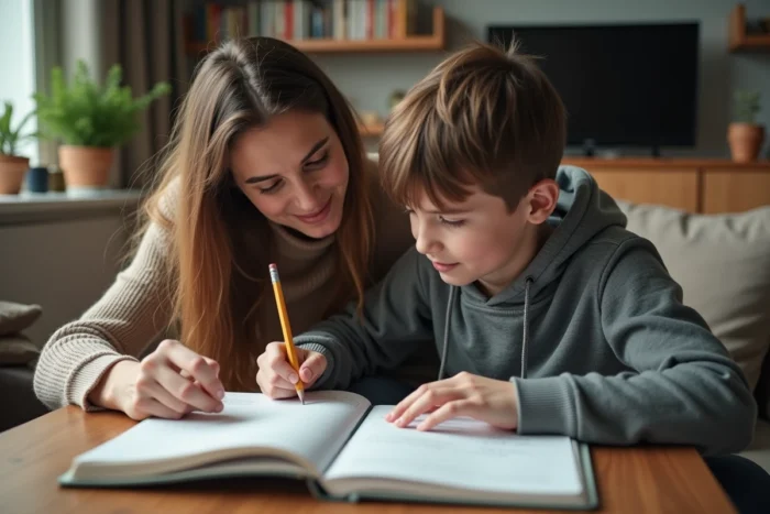 Mère aidant son fils adolescent à faire ses devoirs dans le salon familial