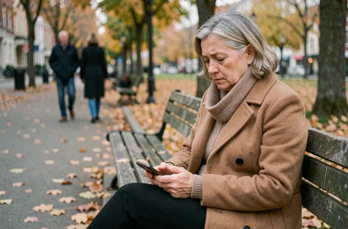Mère d'âge mûr seule dans un parc en automne, pensive après un conflit avec son fils adulte