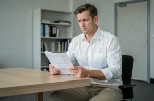 Homme en costume décontracté tenant des documents administratifs dans un bureau, illustrant une situation de mise à pied conservatoire