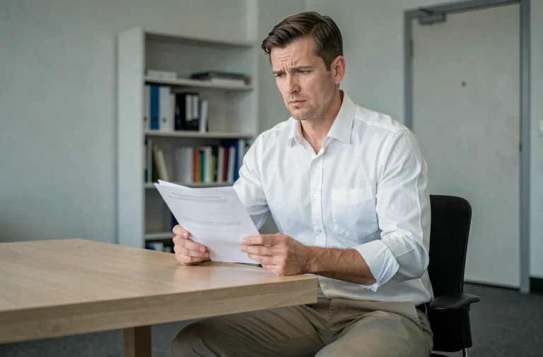 Homme en costume décontracté tenant des documents administratifs dans un bureau, illustrant une situation de mise à pied conservatoire