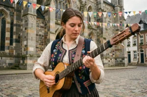 Musicienne bretonne jouant de la bombarde sur une place pavée de Quimper lors d'un festival culturel
