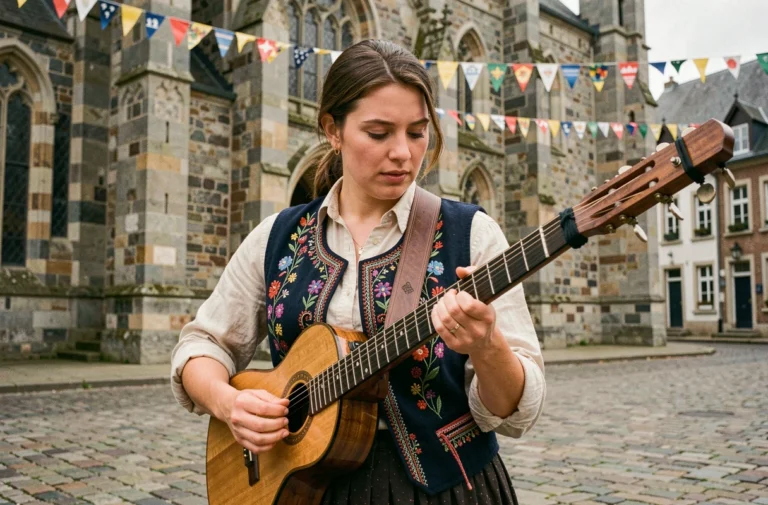 Musicienne bretonne jouant de la bombarde sur une place pavée de Quimper lors d'un festival culturel