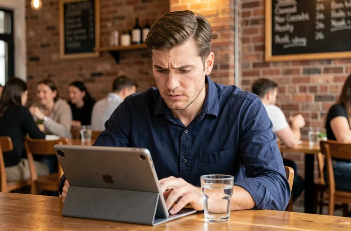 Jeune homme utilisant la plateforme Tarbob sur une tablette dans un café urbain