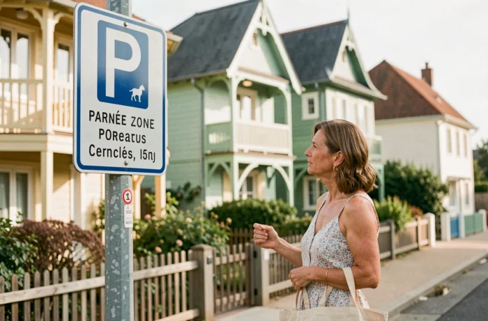 Femme lisant un panneau de stationnement gratuit dans une rue résidentielle d'Arcachon le dimanche